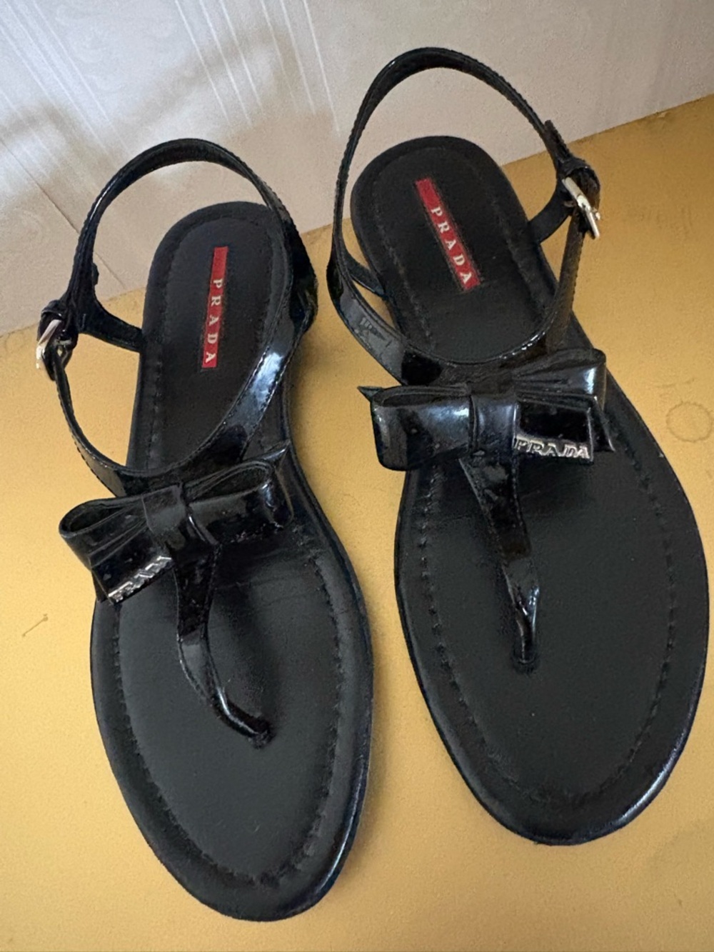 Prada Black Patent Leather Bow Thong Sandals with Ankle Strap